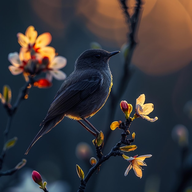 Photo a bird sits on a branch with the sun behind it