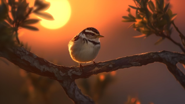 A bird sits on a branch with the sun setting behind it