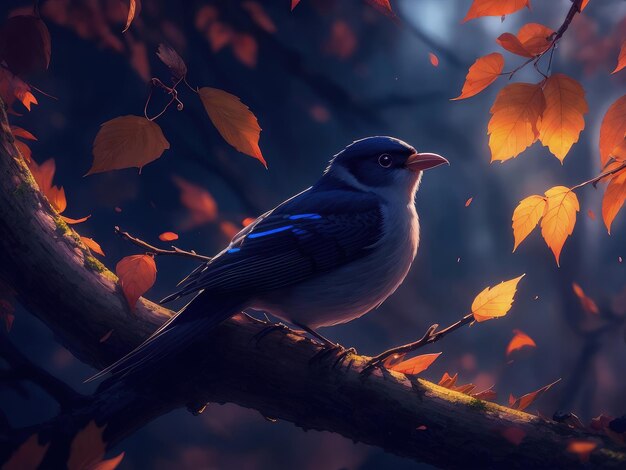 A bird sits on a branch in the woods.