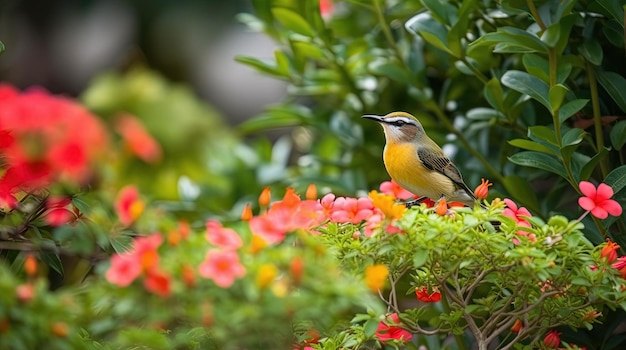 A bird sits on a bush in a garden.