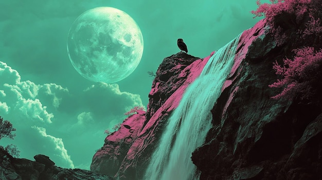 a bird sits on a cliff next to a waterfall