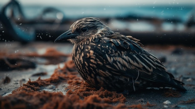 A bird sits on the ground in front of a blurred background