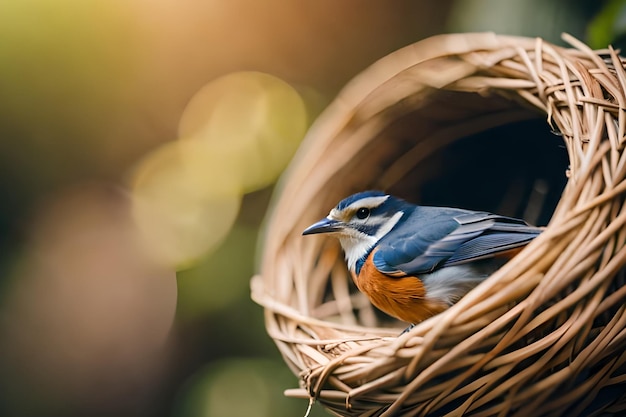 A bird sits in a nest on a blurred background