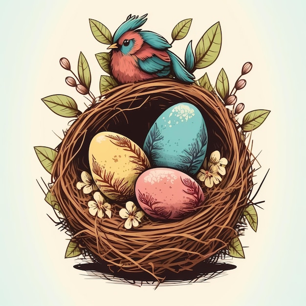 A bird sits in a nest with eggs and flowers.