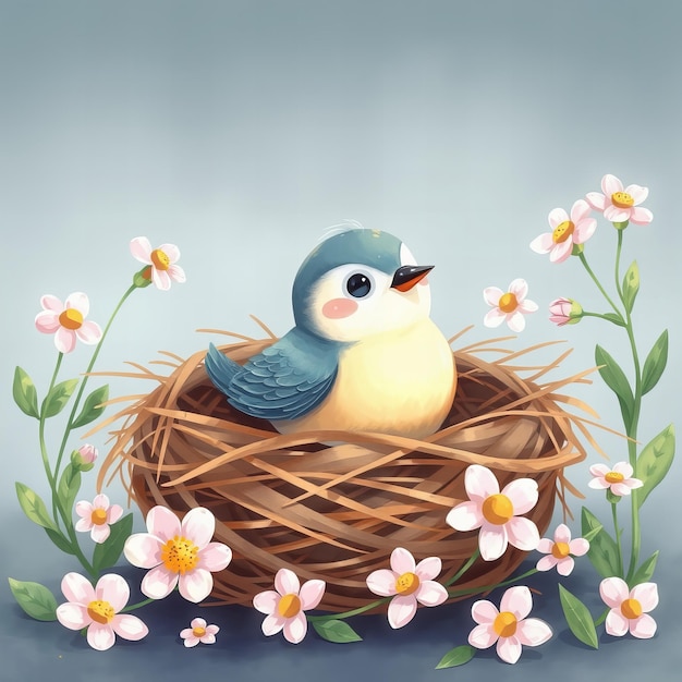 a bird sits in a nest with flowers and grass