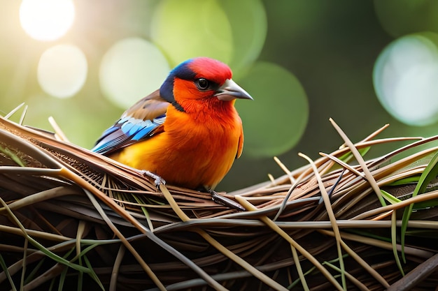 A bird sits in a nest with a green background.