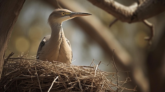 A bird sits in a nest with its head turned to the left.