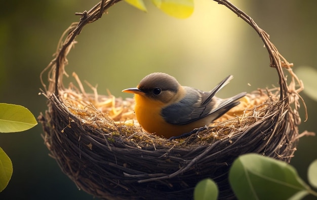 A bird sits in a nest with a nest on the top.