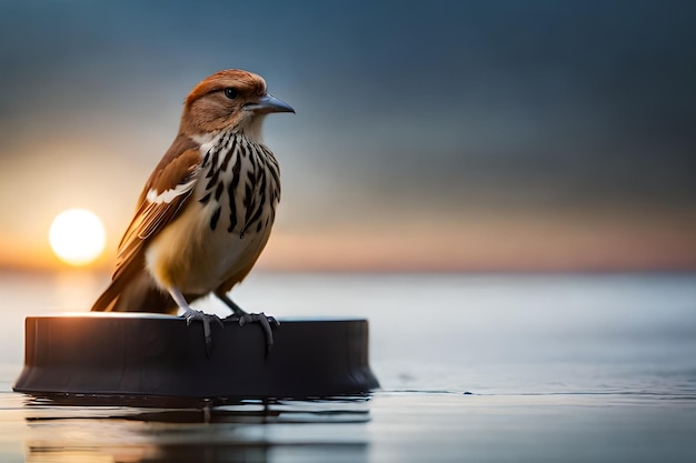 A bird sits on a piece of wood in front of a sunset.