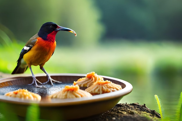 A bird sits on a plate with food in it