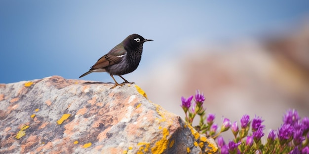 A bird sits on a rock with purple flowers in the background.