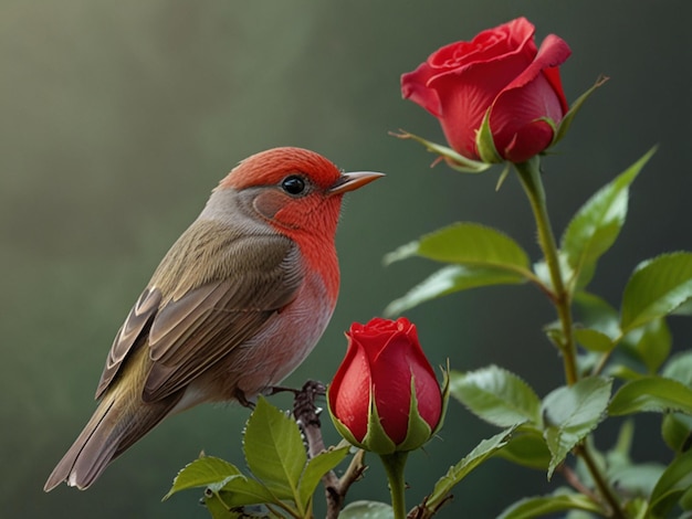 Photo a bird sits on a rose bush with two red roses