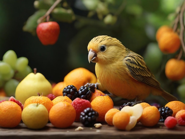 a bird sits on a table with fruit and berries