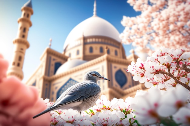 A bird sits in a tree with a cherry blossom tree in the background