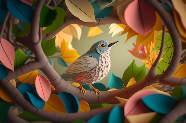 A bird sits in a tree with leaves and flowers.