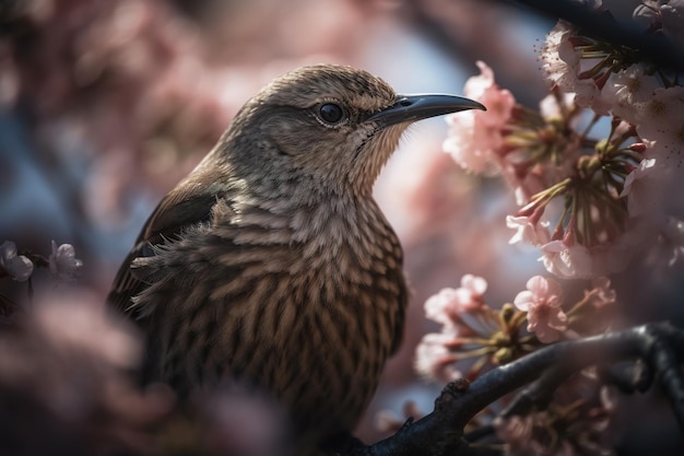 A bird sits in a tree with pink flowers in the background.