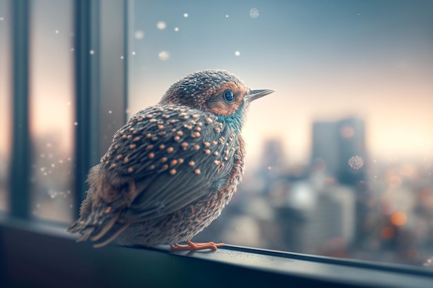 A bird sits on a window sill in front of a cityscape.