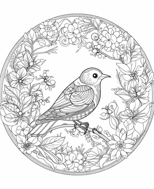 a bird sitting on a branch of a tree surrounded by flowers generative ai