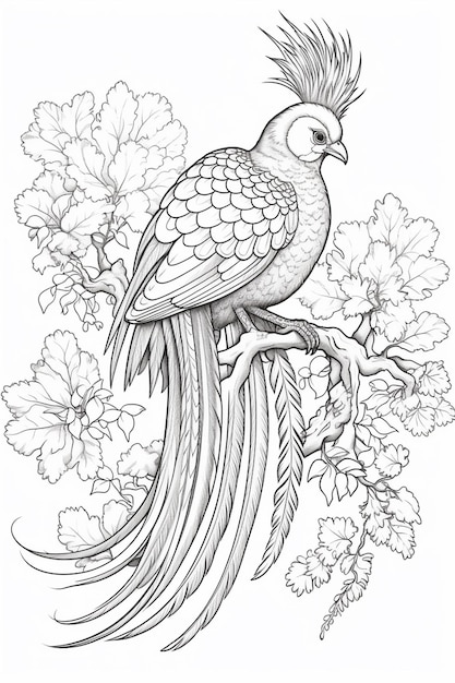 a bird sitting on a branch with flowers and leaves generative ai