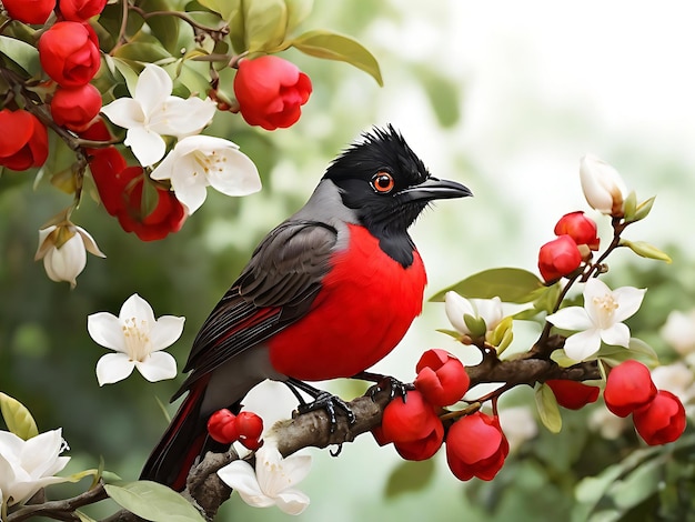 Bird sitting on flower tree branch