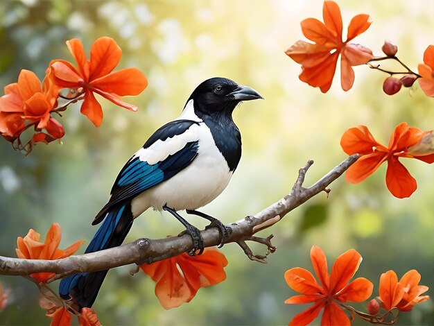 Bird sitting on flower tree branch