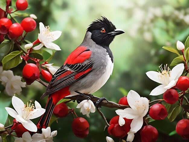 Bird sitting on flower tree branch