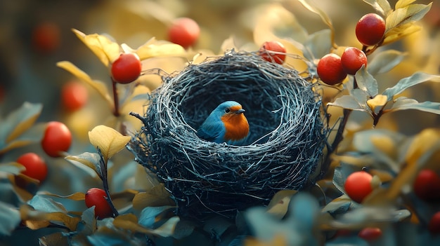 A Bird Sitting in a Nest with a Blue Background