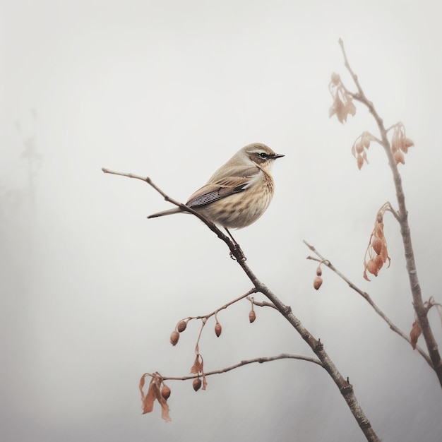 A bird sitting on a small twig which is bent with the sky in the background with light grey sky