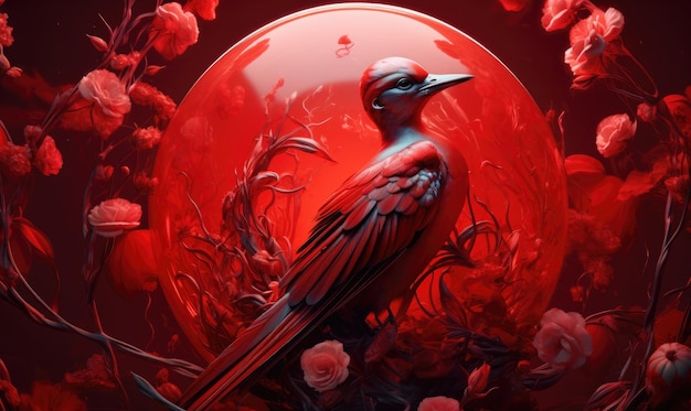 A bird sitting on top of a red ball surrounded by flowers