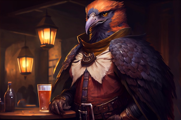 Bird sitting on top of a table next to a glass of beer generative ai