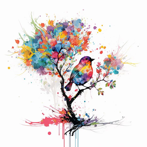 A bird sitting on a tree splash water color painting Ai Generative image