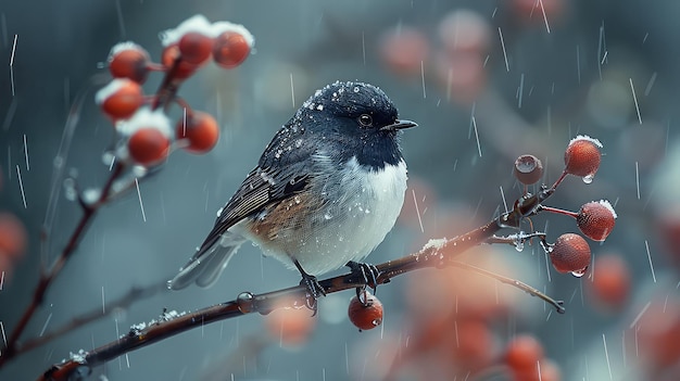 Bird sitting on a twig in rain