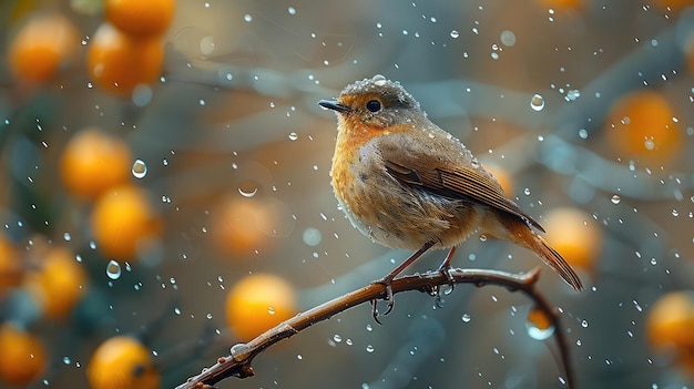 Bird sitting on a twig in rain