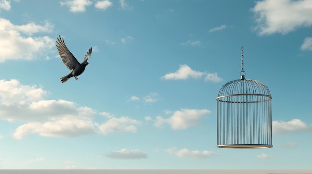 Photo a bird soars freely in the blue sky with an empty cage hanging below symbolizing the liberati