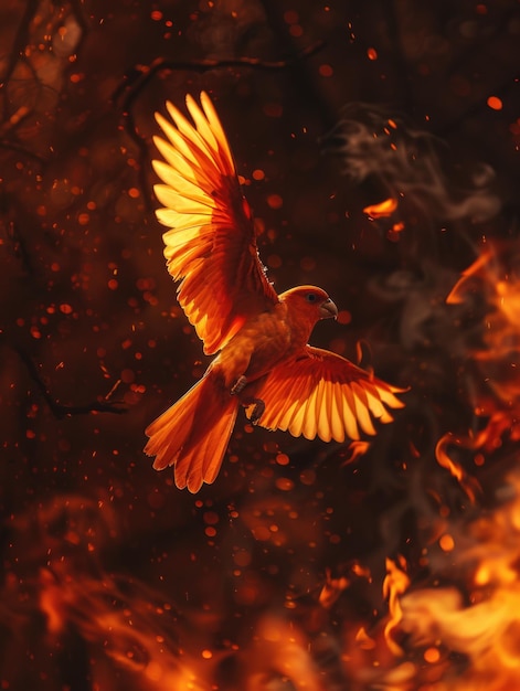 Photo a bird soars through the sky as flames flicker behind it ideal for use in scenes of drama or action