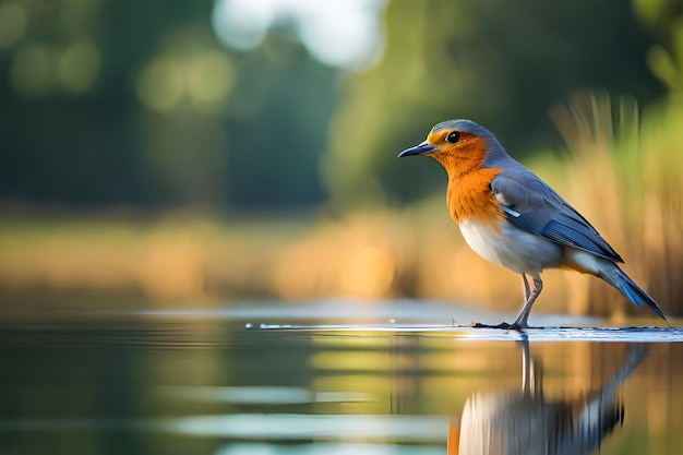 A bird stands on a lake in the evening.