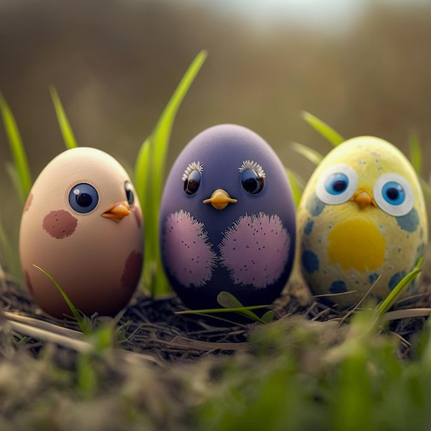 Bird style easter eggs on grass generative ai technology