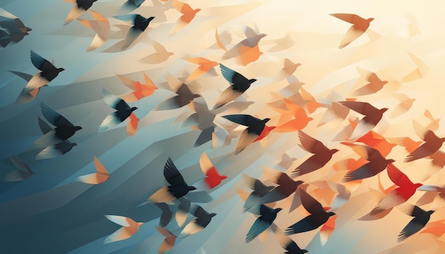 Photo bird swarming formations flat design top view avian migration theme 3d render analogous color scheme