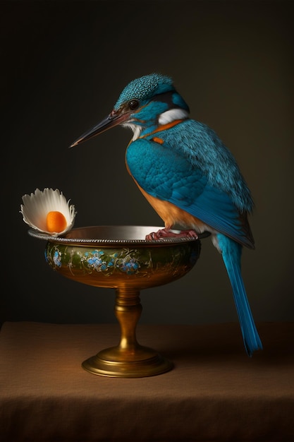 Bird that is sitting on top of a bowl generative ai