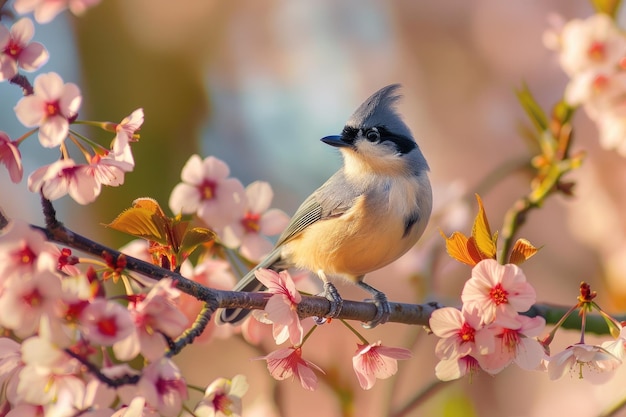 bird titmouse sitting in the garden among the flowering branches of pink cherry blossom in spring