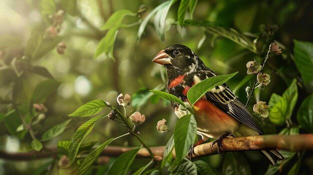 A bird in a tree branch in rainforest