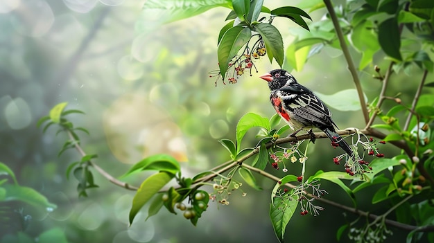 A bird in a tree branch in rainforest