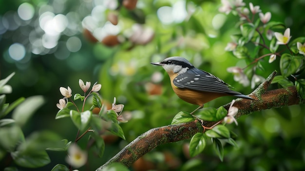 A bird in a tree branch in rainforest