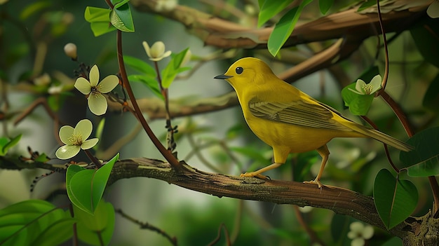 A bird in a tree branch in rainforest