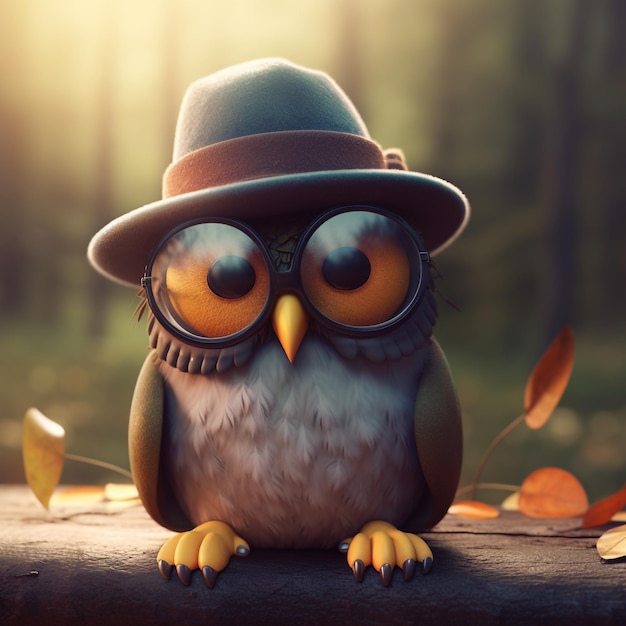 A bird wearing a hat and glasses sits on a log with leaves on the ground.