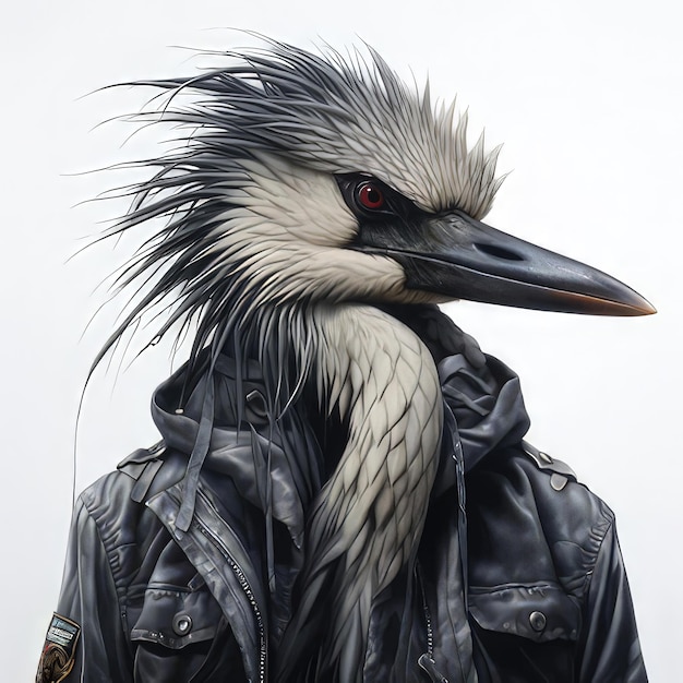 Photo a bird wearing a leather jacket captured beautifully