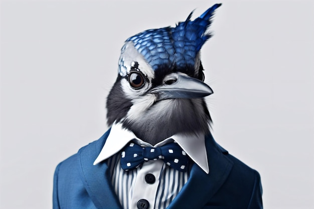 a bird wearing a suit and bow tie