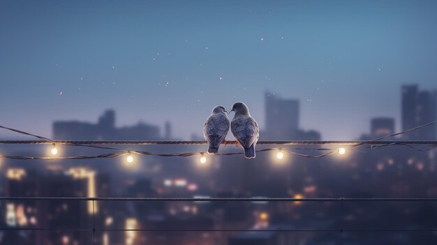 A bird on a wire with lights in the background