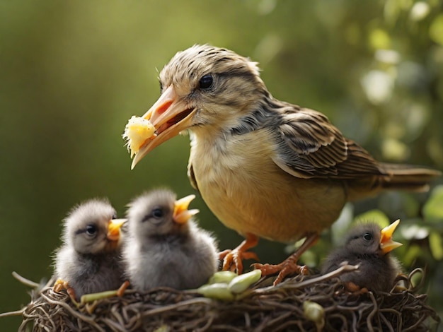 a bird with a beak that is sitting on a nest with three baby birds