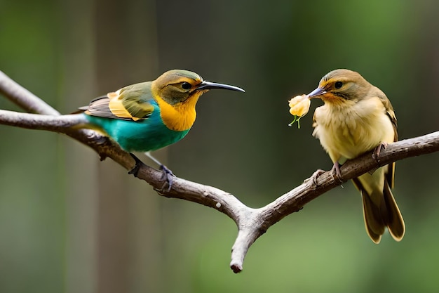 A bird with a bee on it's head is sitting on a branch.